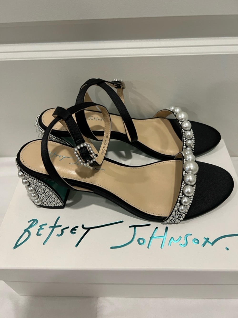 Betsey Johnson Tina Black Pearl & Crystal Strap Block Heels Size 8.5